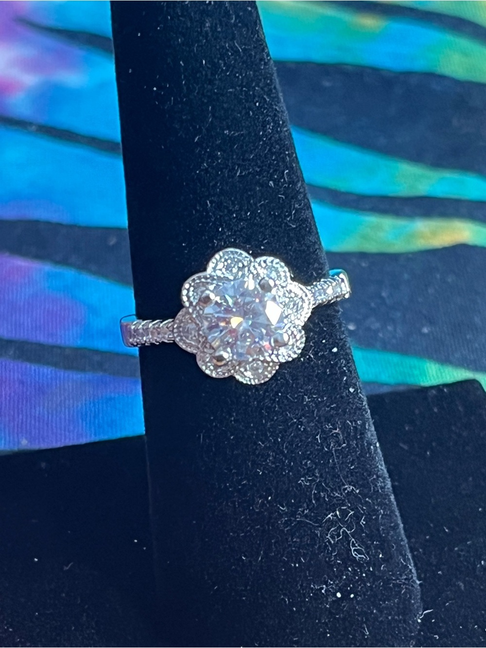 Adjustable Rhodium Plated Moissanite Flower Halo Ring GRA New